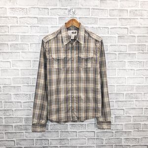 NSF Men's Long Sleeve Button up Shirt in beige Gray Plaid Cotton Size Large
